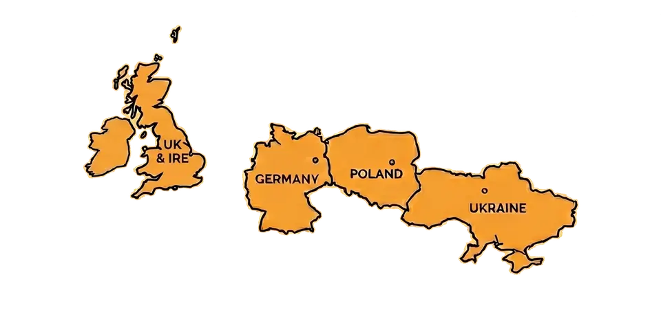 Карта країн обслуговування: Польща, Україна, Німеччина, Велика Британія та Ірландія